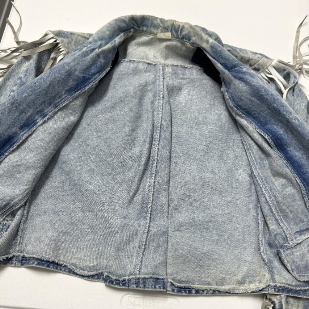Vintage Acid Wash Denim Fringe Jacket Western 80s Boho Blue White Grey Leather - Picture 6 of 9